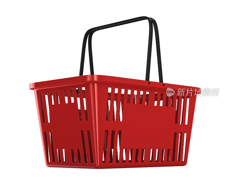 白色背景上的红色空购物篮。孤立的3 d演示